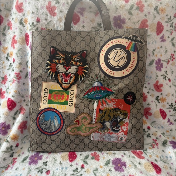 Gucci Handbags - Gucci GG Supreme Patch Logo Tiger Tote Bag Brown